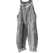 Women's Ladies Summer Striped Casual Loose Long Bib Overalls Pants Wide Leg Jumpsuits Baggy Rompers Trousers With Pockets Grey L