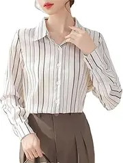 [Generic] Women's Turn Down Collar Shirt Striped Long Sleeve Chiffon Blouse Office Ladies Business Dress Shirts
