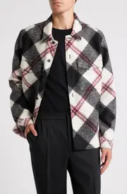 HUGO Enalu Diamond Plaid Fleece Shirt Jacket in White/Black Plaid at Nordstrom, Size Large