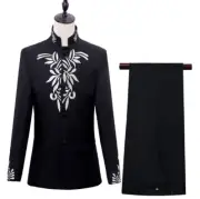 Mens Stage Show Slim Fit Chinese Style Printing Floral Stand Collar Tunic Suit