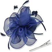 [AZIDWERYQ] Fascinators Hats for Women, Organza Flower Mesh Feathers Tea Party Hat with Headband and Clip Navy Blue Flower Hat for Wedding, Cocktail Party, Tea Fascinator