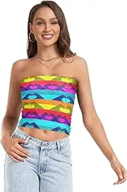 [RPLIFE] Creative Colorful Horizontal Stripes Crop Tube Top, Going Out Crop Top, Sheer Tube Tops, Trendy Crop Tops (S)
