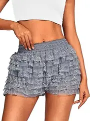 [ChiaoLezhee] High Waisted Ruffle Shorts for Women Girls, Cute Lace Layered Bloomers, Going Out Mini Micro Bloomer