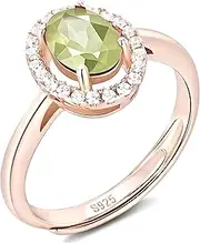 Natural Peridot Gemstone Ring, 18k Rose Gold/925 Sterling Silver, Oval Cut Solitaire with Zirconia Accents, Adjustable Size, Razzberry Designer Jewellery, with Velvet Ring Box