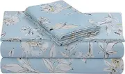 Tribeca Living Soft Cotton Sateen Floral Print, Extra Deep Pocket, 300 Thread Count, 4-Piece Bed Sheet Set, California King, Colmar Sky Blue/Multi