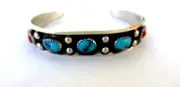 NEW Signed Navajo Paul Largo Bracelet Turquoise Red Coral 925 Sterling Silver