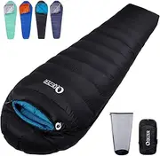 QEZER Down Sleeping Bag 3 Season Lighter Warmer Mummy Sleeping Bag Filling 600g Duck Down 620 FP fur Camping, Backpacking and Hiking Outdoor with Small Compressible Bag