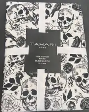 Tahari Halloween Skull Ravens Spider Webs Gothic Tablecloth- Round- 70”- New