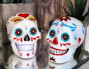 Colorful Day Of The Dead Blue And White Sugar Skulls Salt And Pepper Shakers Set