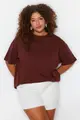 Plus Size Brown Crew Neck Knitted T-shirt with a Print on the Back