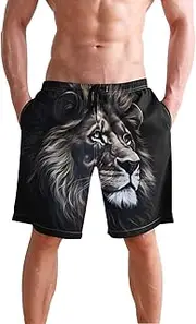 [XYMZR] Men's Swim Trunks Face Lion Black Quick-Dry Bathing Suit Swimming Board Shorts S