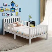 Costzon Toddler Bed, Classic Wood Kids Bed Frame w/Double Safety Guardrail, Low to Floor Design, Wooden Slat Support, Fits Full Size Crib Mattress, Bedroom Furniture for Boys & Girls (White)