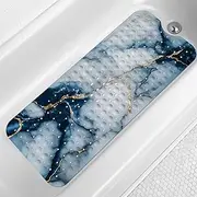 LNOND Marble Bath Tub Mat Non Slip, Extra Long 40 X 16 Inch Anti Slip Mat for Bathtub, Navy Blue Gold Marble Shower Mat with Drain Holes and Suction Cups, Machine Washable