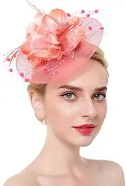 [haozaikeji] Flower Feather Fascinator Hat with Beads Ladies Pillbox Hat on a Headband and a Forked Clip Cocktail Party Race Hats Bridal Shower Hair Clip Headpiece for Wedding Tea Party Ascot Races Church