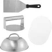 4 Pack Smash Burger Kit with Grill Spatula, Stainless Steel Burger Press, Cheese Melting Dome, Non-Stick Burger Press Kit with 50 Wax Discs, Griddle Accessories Tool for Flat Top Cooking