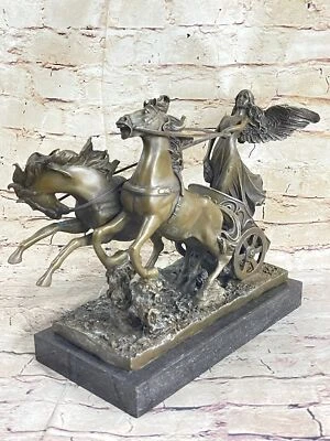 Winged Greek Goddess Nike Driving Chariot Horses Bronze Sculpture Statue Decor