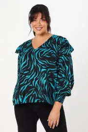Dorothy Perkins Womens T-Shirt Animal Curve Frill Shoulder V Neck Zebra Print