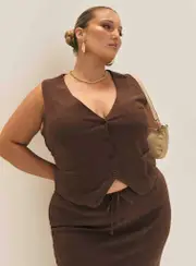 Ginger Linen Blend Vest Chocolate Curve