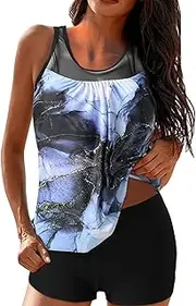[Generic] Womens Swimming Suits Underwire Swimsuits with Boyshorts Suits Control Bathing Tummy Tank Swimwears Tankinis Set Swimsuit Underwire Bra (Blue-b, L)