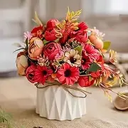 Hbluefat Small Artificial Flowers with Vase,Hydrangea Silk Roses Faux Flower in Ceramic Vase,Faux Flower Arrangement with Vase for Home Office Decoration,Dining Table Centerpiece (Red Daisy Bud)