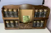New MCM Wall Mount Spice Rack 12 Jars Drawer Danish Modern Wooden Kitchen Vtg
