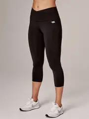 Running Bare Muse 3/4 Tight. Black Cross Front Workout Leggings.