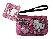 NEW Hello Kitty Pink Sequin Coin Purse Makeup Bag Pouch Wrist Strap