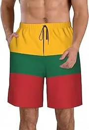 [WURTON] Flag of Lithuania Print Mens Swim Trunks Quick Dry Bathing Suits Summer Holiday Beach Board Shorts Pockets