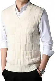 [Gsywaipei] Men's Loose Pullover Vest V-Neck Knitwear Men Vests Sleeveless Lightweight Sleeveless Cotton Sweater Tank, Beige, L