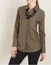 Chicos 2 Button Front Black Brown Striped Cotton Spandex Long Sleeve L Top Shirt