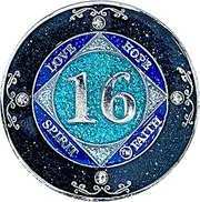 (Years 1-50) NA 16 Year Crystals and Glitter Medallion, Silver Color Plated Coin, Black Rainbow, Blue Glitter and Four Clear Crystals, Epoxy Covered (NA 16 Years Clean Time)