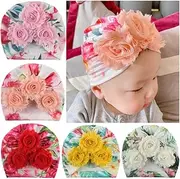[VolksRose] Handmade Polyester 5 Colors/Set Children's Printed Beanie Elastic Headband Decorative Flowers and Beads Soft Headband for Girls, Cute Headwear and Hair Accessories for Toddlers