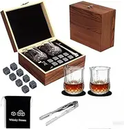 Whiskey Stones Gifts Sets for Men, Whiskey Glasses Set of 2 with Chilling Rocks, Bourbon Gifts Wooden Box Anniversary Birthday Gifts for Men Him Dad Husband
