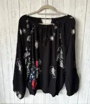 Desigual Black Floral Print Blouse Floaty Boho Festival Vibes Gypsy Top Tassels