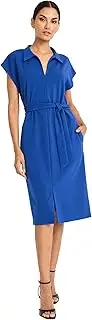 [Maggy London] Women's Midi Length Cap Sleeve Shirt Pockets-Self Tie Belt-Business Casual Work Dress
