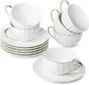 BTaT- Tea Cups and Saucers, Set of 6 (7 oz) with Gold Trim and Gift Box, Cappuccino Cups, Coffee Cups, White Tea Cup Set, British Coffee Cups, Porcelain Tea Set, Latte Cups