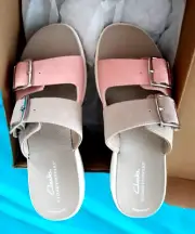 Clarks Cloudsteppers Womens Size 8M Drift Buckle Peach Combine Rose Khaki Slides