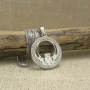 Sterling Silver Claddagh Pendant with CZs & Sterling Chain Irish made by Solvar