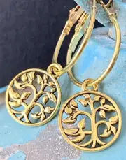 Gold Tree of Life Dangle Hoop Earrings. Nature. Family. Life.