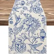 AnyDesign Blue Floral Table Runner Retro Monochrome Sketch Birds Flower Table Cover Vintage Chinoiserie Kitchen Dining Table Decor for Indoor Outdoor Home Party Supplies, 13 x 72 Inch