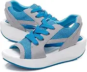 [Gikleihwy] Women's Open Toe Tennis Shoes Lace Up Knit Mesh Platform Sandals Comfy Slip on Summer Lightweight Walking Sandals(Blue,9.5 US)