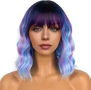 Wig Short Wavy Women's Bob Wig Bangs Colorful Wig Shoulder Length Synthetic Wig for Cosplay Party Halloween Use (14 Inch) (Blue purple)