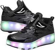[RDJSHOP] LED Flashing Roller Skate Shoes Kids USB Charging LED Flashing Skating Shoes Double Wheels Inline Roller Skating Sneakers Boys Girls Technical Skateboarding Shoes,Black-29