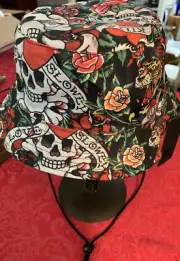 NWT Ed Hardy Bucket Hat Graphic Tattoo Skulls Roses Tigers 'Love Kills Slowly'
