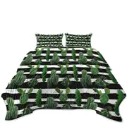 Cactus over Black and White Stripes Coverlet