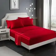 4 Piece Satin Bedding Sheet Pillowcase Sets Luxury Rich Silk Silky Super Soft Solid Color Reversible Stain-Resistant Wrinkle Free (Burgundy Red)