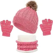 [outfit spring] Children's Winter Hat Scarf Gloves 3 Piece Set, Warm Winter Bobble Knitted Hat Beanie Soft Thick Fleece Lining Loop Scarf Children's Glove Set for Girls Boys Child