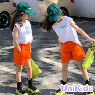 【UniKids】中大童裝2件套裝無袖T恤純色短褲 女大童裝 VWYW2134(橙褲白T)