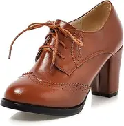 [SHEMEE] Women's Chunky High Heel Wingtip Oxfords Round Toe Lace Up Block Heels Vintage Brogues Pumps Shoes