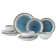 Dinnerware Set Blue Stoneware 12 Pieces Service for 4, Stoneware Plates and B...